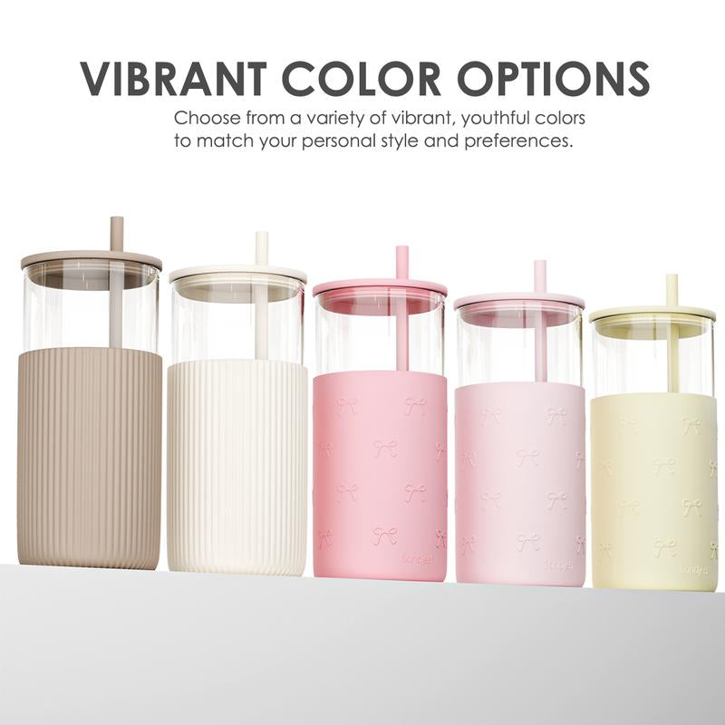 Sandjest Glass Tumbler 20Oz with Straw and Lid, Glass Water Bottle with Silicone Sleeve, Smoothie Iced Coffee Cup Drinkware Home Office Christmas Gift