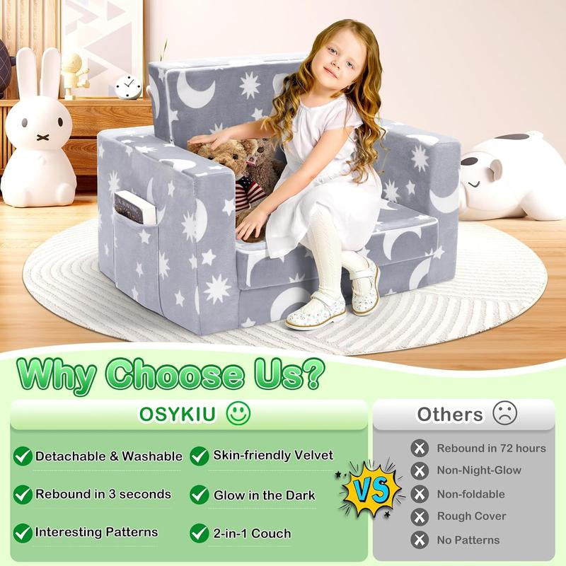 OSYKIU Kids Chairs for Toddler, 2-In-1 Toddler Soft Sherpa Couch Fold Out, Convertible Sofa to Lounger for Girls and Boys - a Magical Nursery Design for Playful Fun, Enchanting Relaxation, and Enchantment