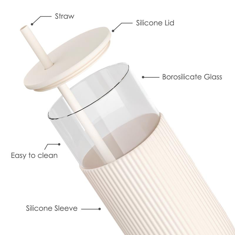 Sandjest Glass Tumbler 20Oz with Straw and Lid, Glass Water Bottle with Silicone Sleeve, Smoothie Iced Coffee Cup Drinkware Home Office Christmas Gift