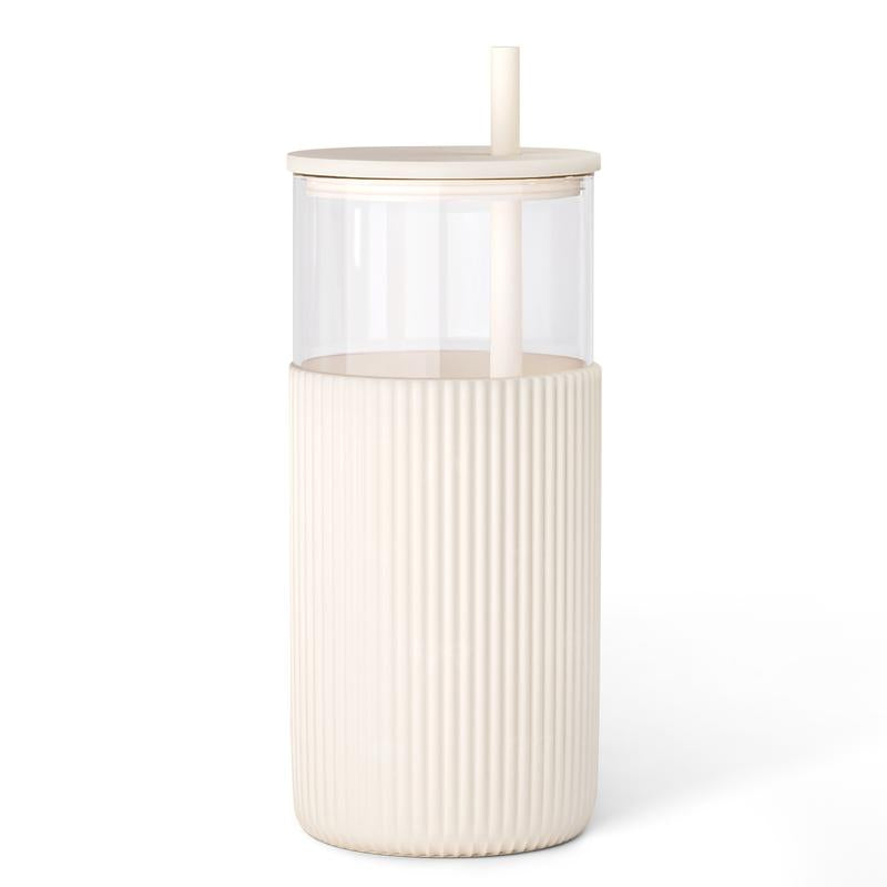 Sandjest Glass Tumbler 20Oz with Straw and Lid, Glass Water Bottle with Silicone Sleeve, Smoothie Iced Coffee Cup Drinkware Home Office Christmas Gift